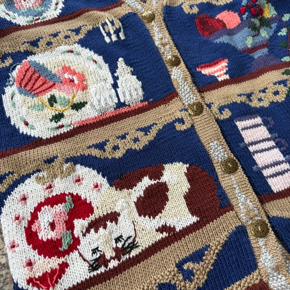 Vintage 90s Berek Marta D Grandma's China Pantry Cats Novelty Cardigan Sweater M - Picture 6 of 8
